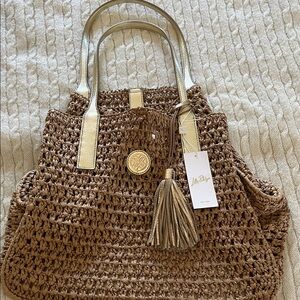 Lilly Pulitzer Tan Woven Tote with Gold Accents